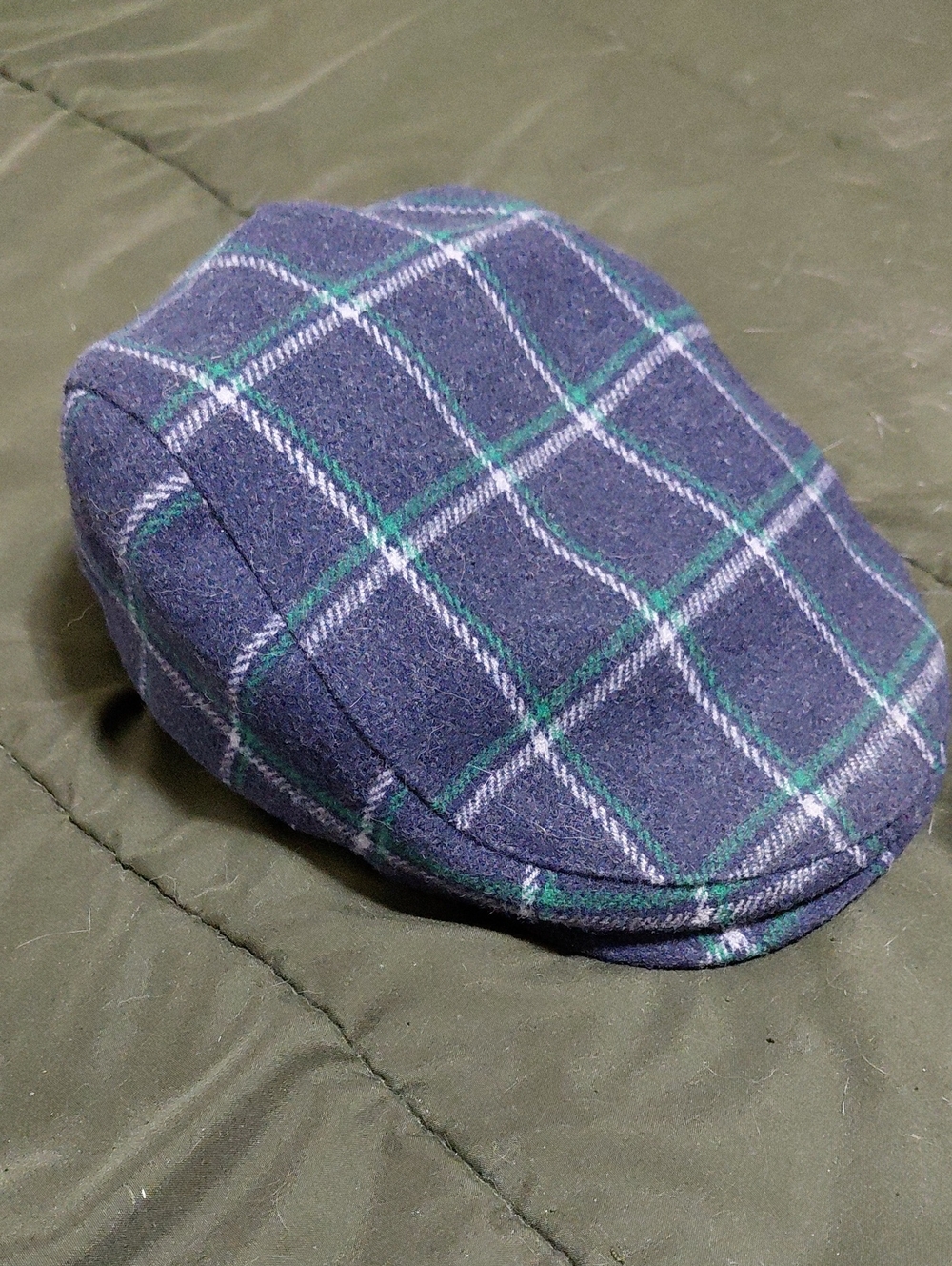 Boston Scally. Navy Plaid Wool Driver Cap - Green & Light Blue Windowpane